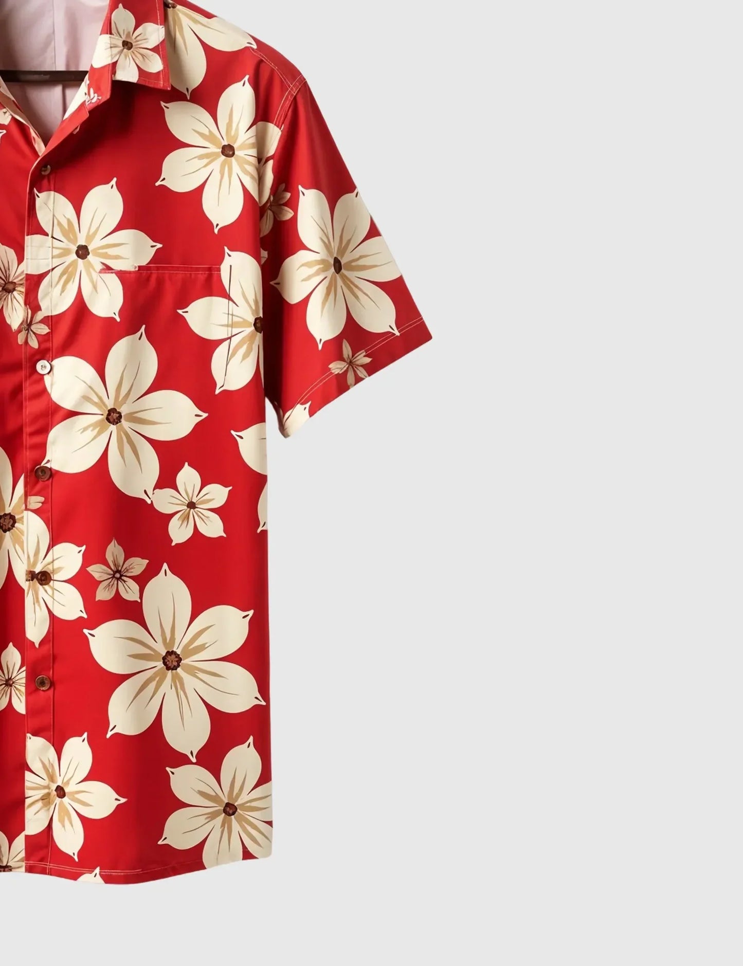 Crimson Tropics Men's Floral Shirt – Bold Red with Cream Blossom Print