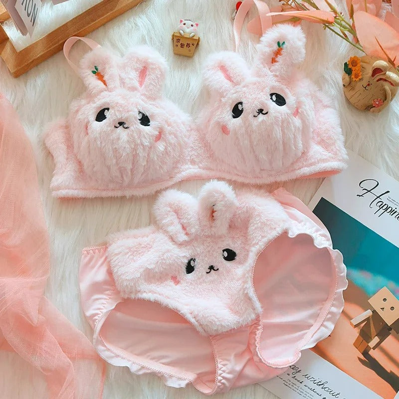 2 Bra + 2 Panties cute Japanese-style bra with a rabbit and no steel hoop ( Pack of 4 )