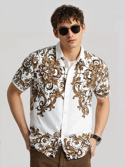 Regal Baroque Bloom Shirt – Golden Ornate Print on Classic White