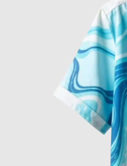 Ocean Drift Men's Abstract Wave Shirt – Cool Blue Swirl Print on White